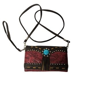 Western Crossbody Wallet Womens Red Brown Tooled Floral Fringe Turquoise Studded